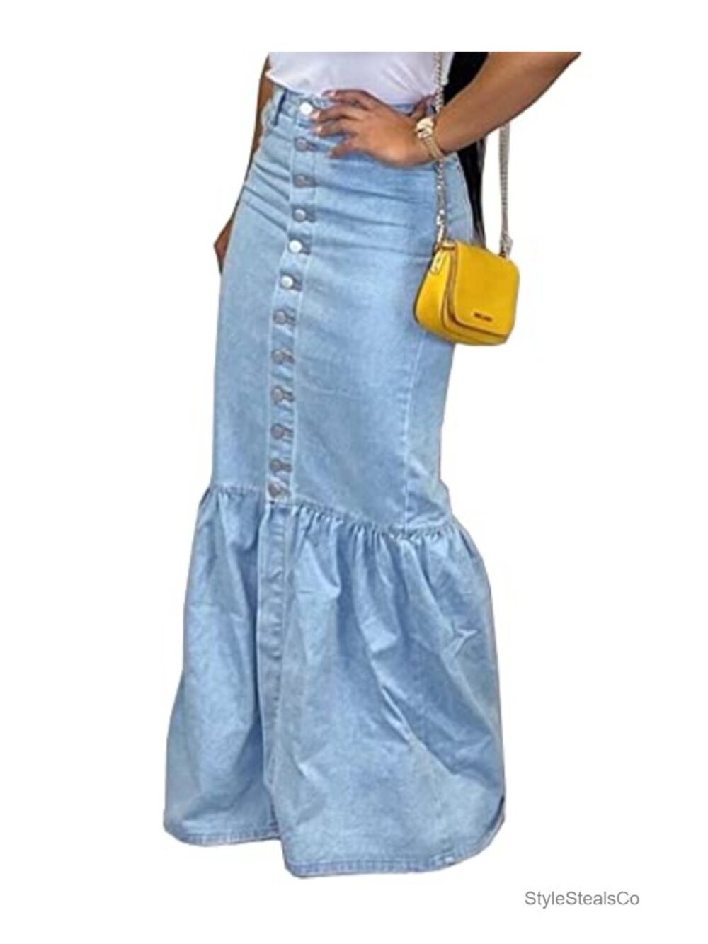 Button Down Denim Ruffle Maxi Dress Packaged Hip Mermaid Fishtail Long Skirt